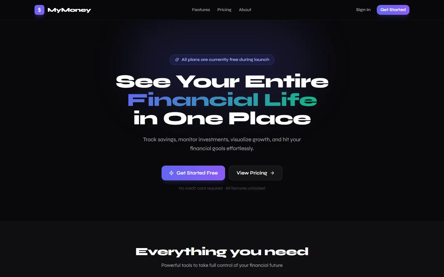 MyMoney landing page: 'See your entire financial life in one place'