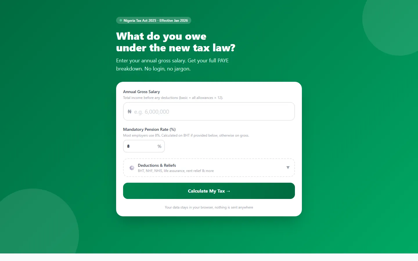 NaijaTax calculator: annual gross salary input, pension rate, deductions and a Calculate My Tax button