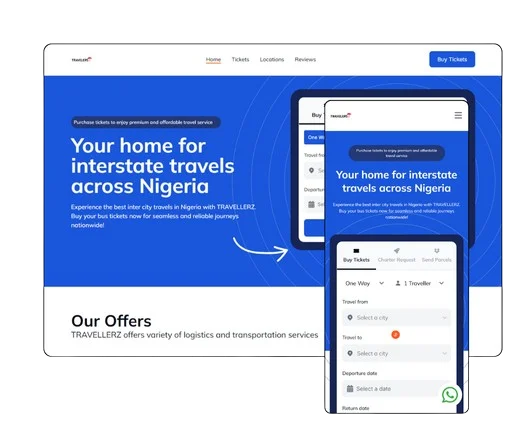 The white-label booking template on desktop and mobile, with a ticket search form for travel between Nigerian cities