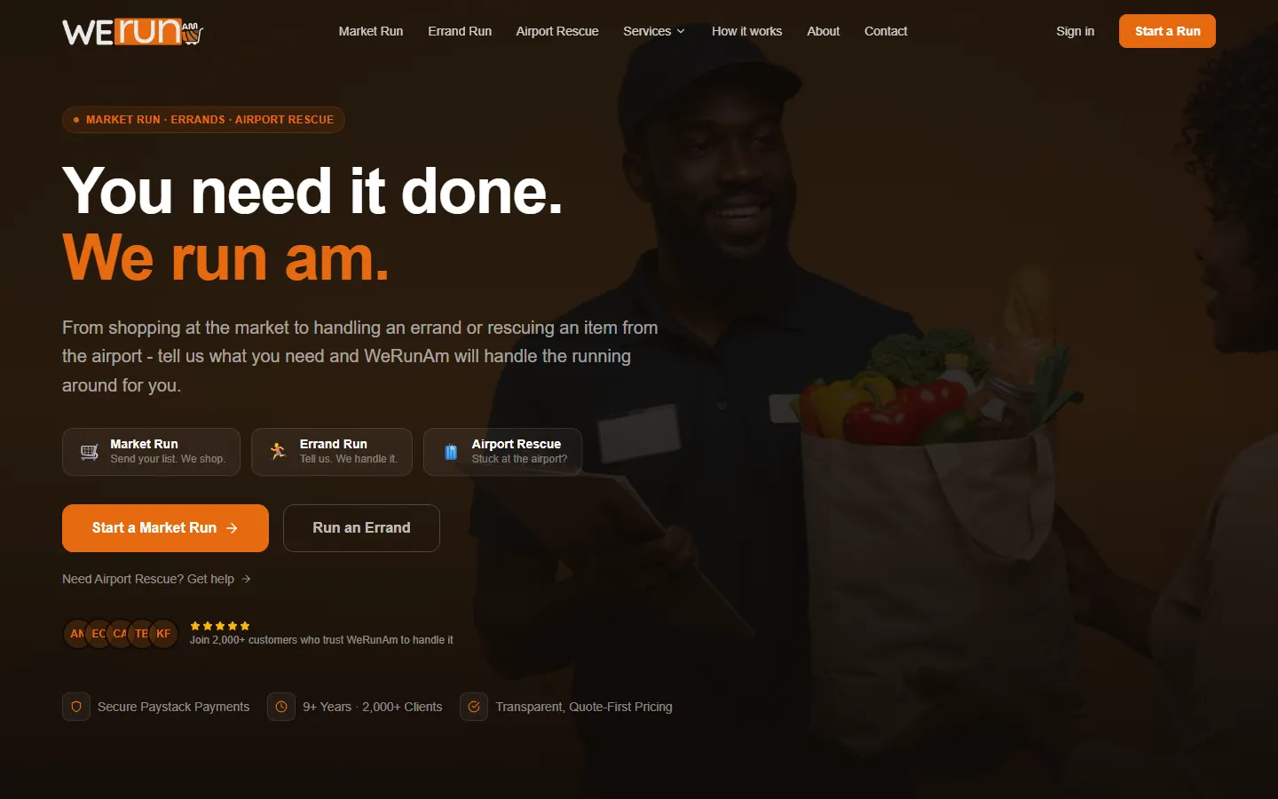 WeRunAm homepage: 'You need it done. We run am.' with options for Market Run, Errand Run and Airport Rescue